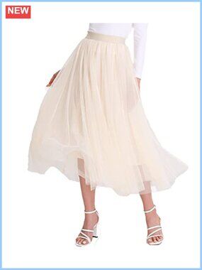 Women's Tulle Midi Skirt High Waist Pleated Mesh Flowy A-Line Party Skirt